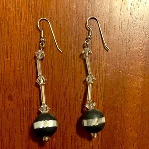 1 pair handmade dangle silver tone-black ball and crystal earrings